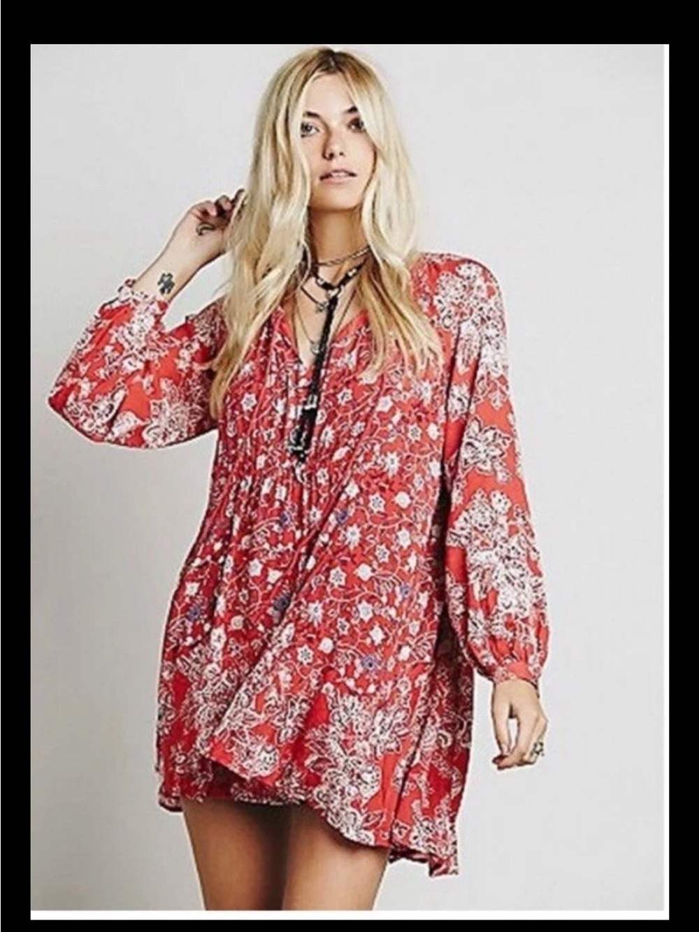 Free People Lucky Loosey Floral Print Dress Orange Red Combo . Size Large